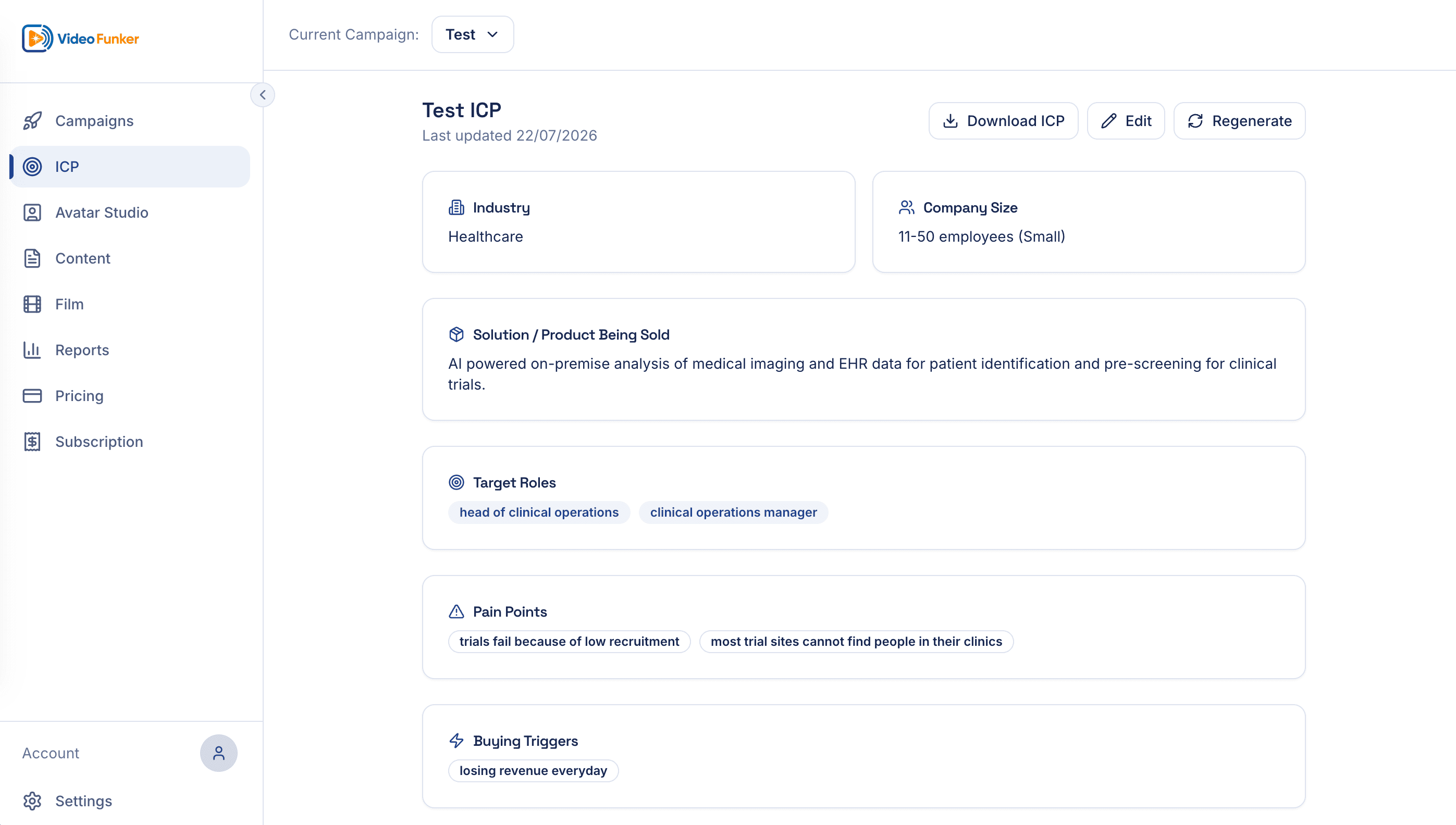 Video Funker ICP screen showing industry, company size, target roles, pain points and buying triggers