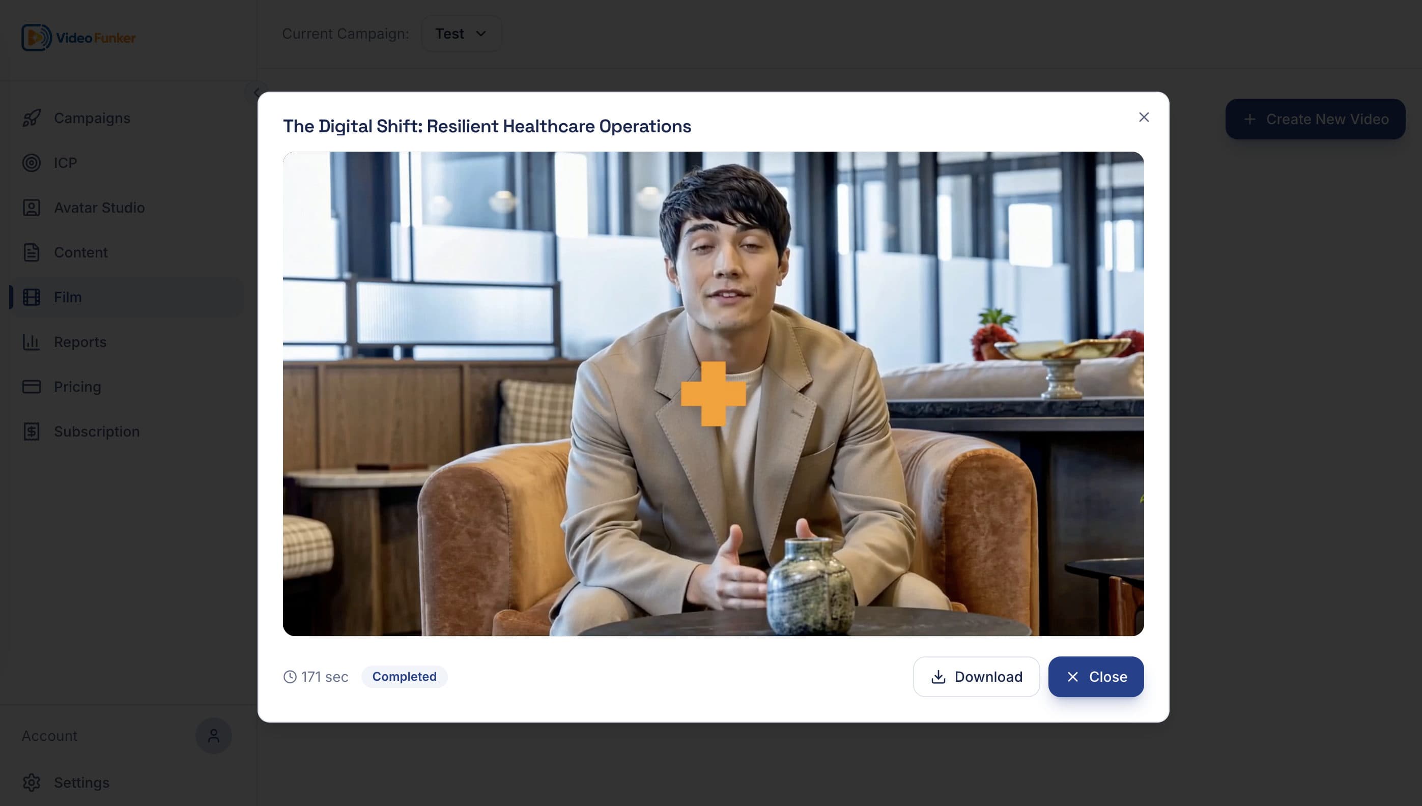 Video Funker film studio playing a finished AI-presenter video